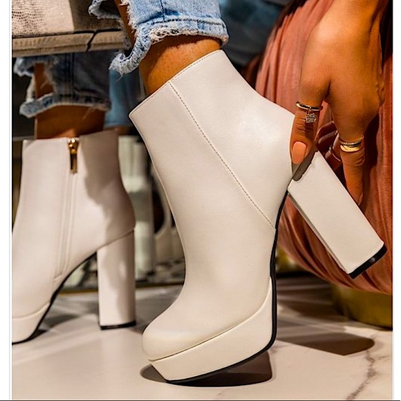 White Platform Block Heel Side Zip Bootie - Picture 1 of 4
